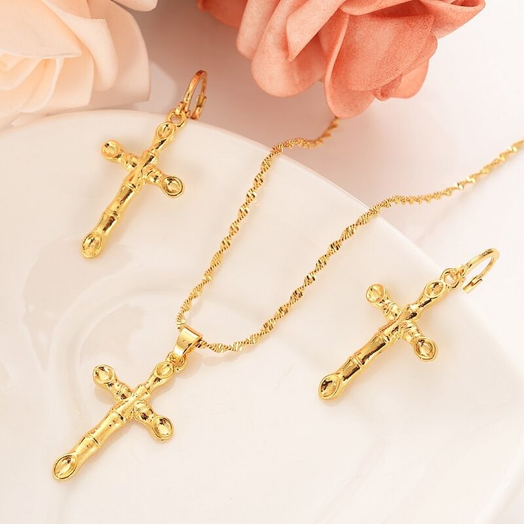 gold bamboo punk cross Pendant Necklace chain Earrings sets