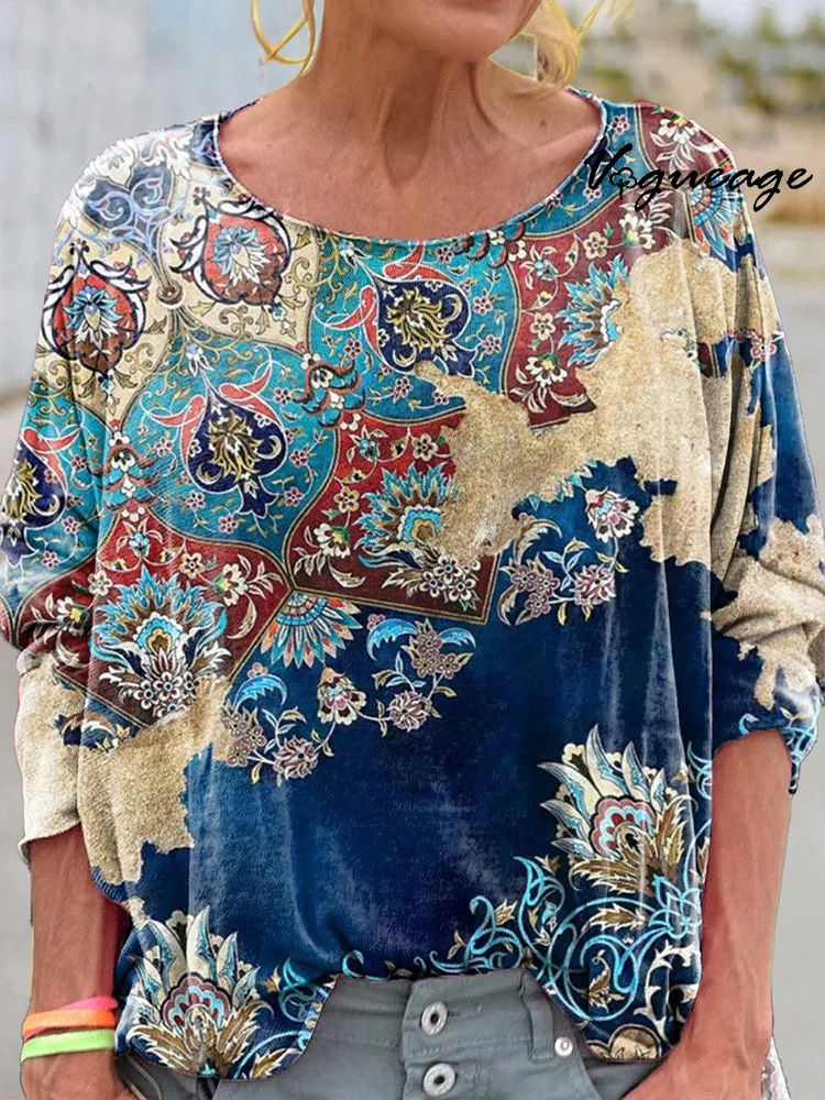 Bohemian Retro Art Pattern Print Round Neck Loose Long Sleeve T-Shirt
