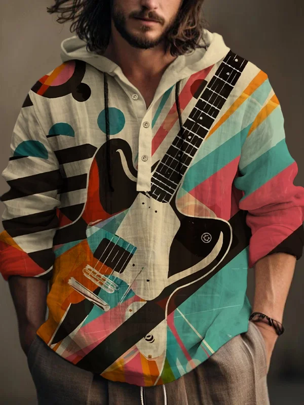 Men's Retro Rock Electric Guitar Color Block Art Print Hooded Shirt