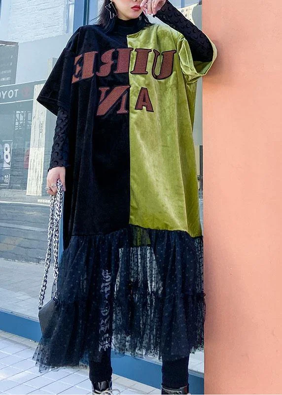 Loose green clothes o neck patchwork tulle robes spring Dresses