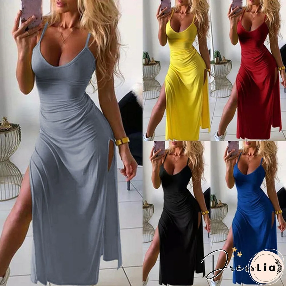 Women Fashion Summer V-neck Nightclub Dress High Waist Split Straps Sleeveless Vestido