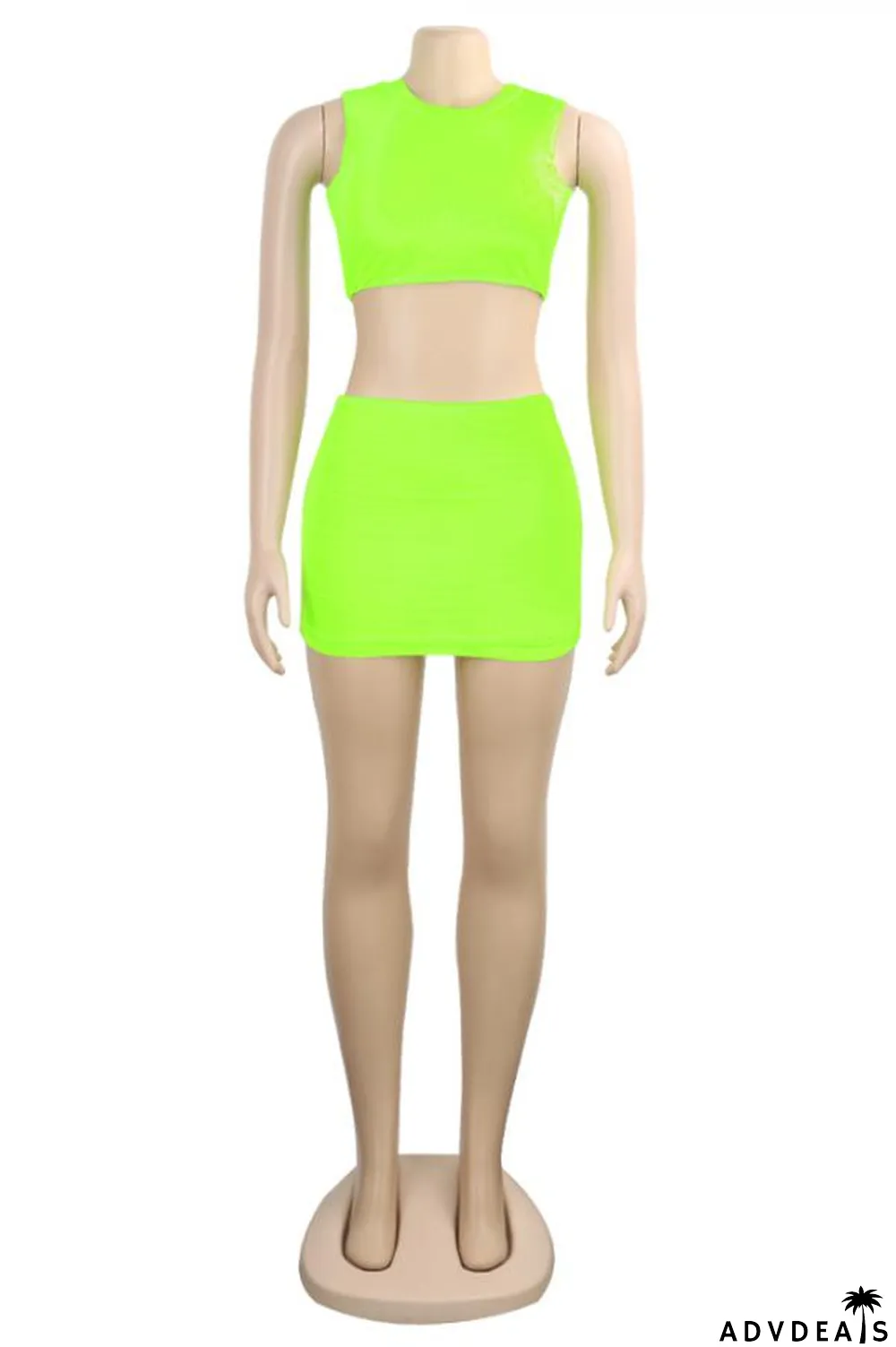 Fluorescent green Polyester Fashion Sexy Slim fit Two Piece Suits crop top Solid Fluorescent Skinny Sleeveless Two-Pi