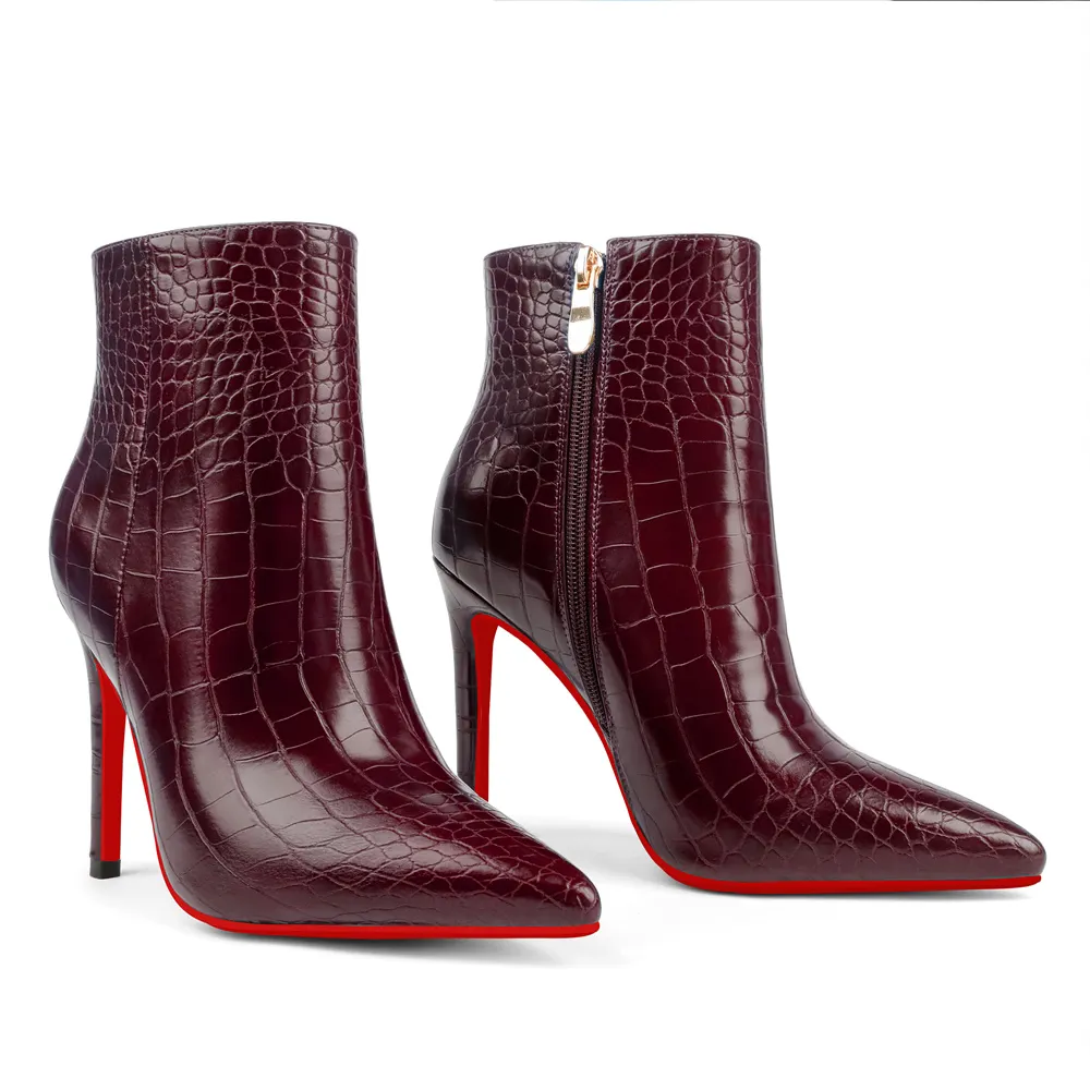 90mm Women's Ankle Boots Closed Pointed Toe Red Bottom Stilettos Croc/Suede Booties-vocosishoes