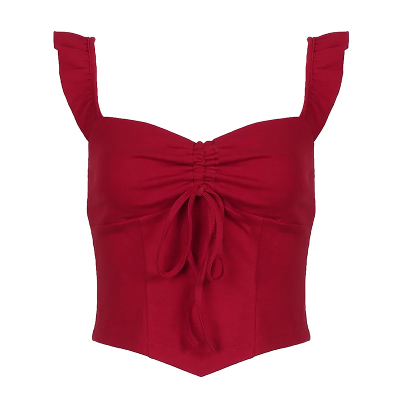 Ueong Girls With Flying Sleeves Slim And Show Thin Square Collar T-Shirt Women's Draped Rope Pleated Tie Bow Irregularly Knitted Blouse