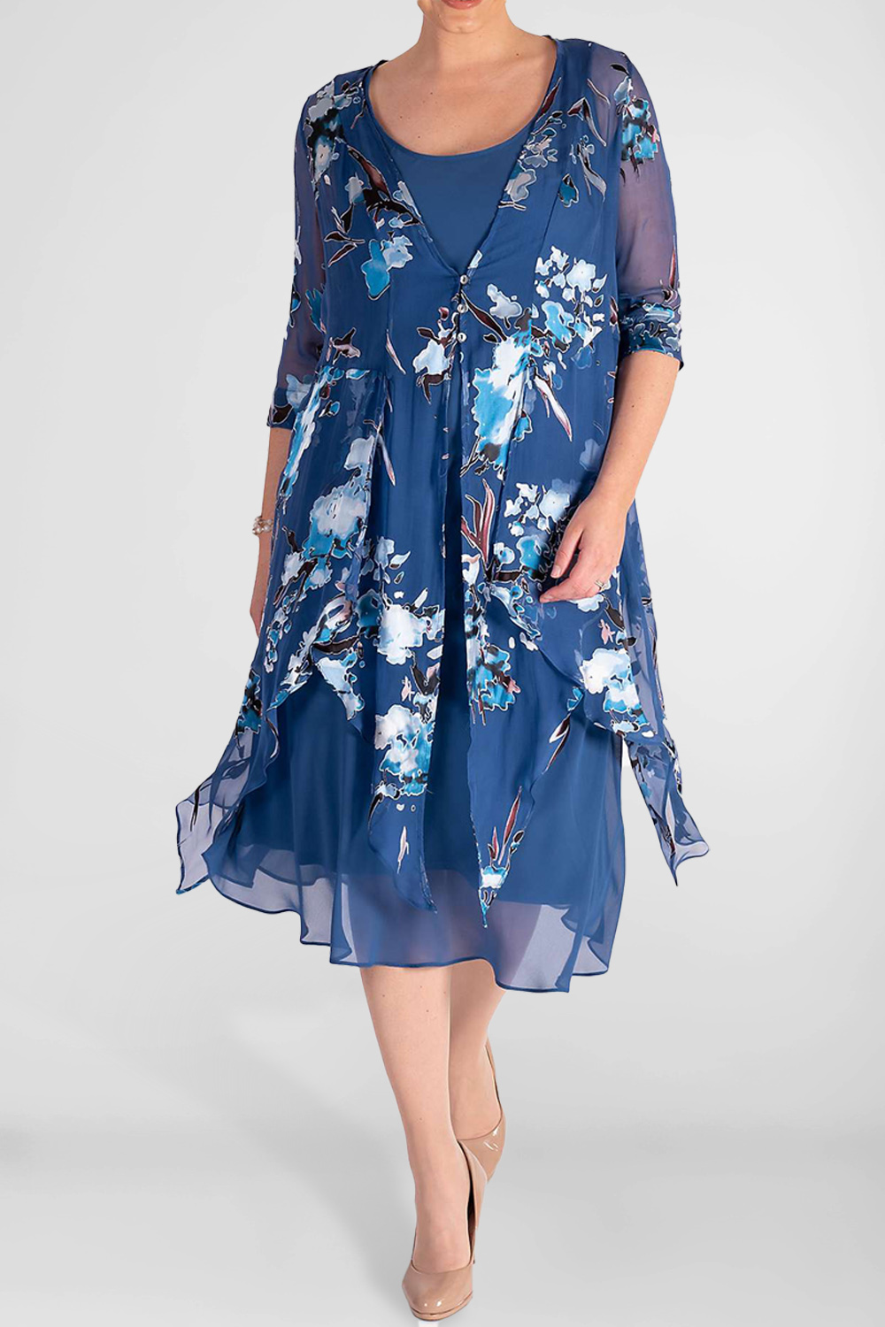 Flycurvy Plus Size Mother Of The Bride Blue Chiffon Plant Floral Print Two Pieces Midi Dress With Irregular Hem Jacket 2024 - Flycurvy 