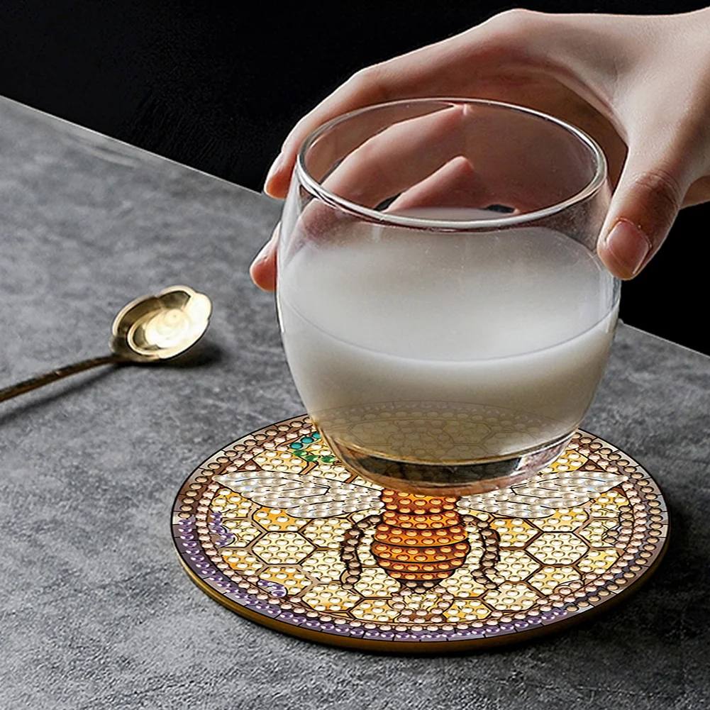 8pcs DIY Stained Glass Bee Diamond Painting Coasters Kits Acrylic Full Drill Coaster Single Side Diamond
