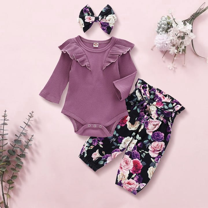 3PCS Purple Floral Printed Baby Girl Set