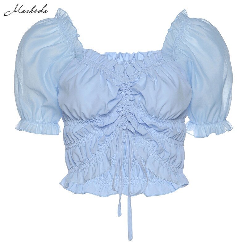 Macheda Blue Elegant Puff Sleeve T-shirt Women Casual Drawstring  Crop Top Summer Streetwear Lady SlimTee mujer 2020 New