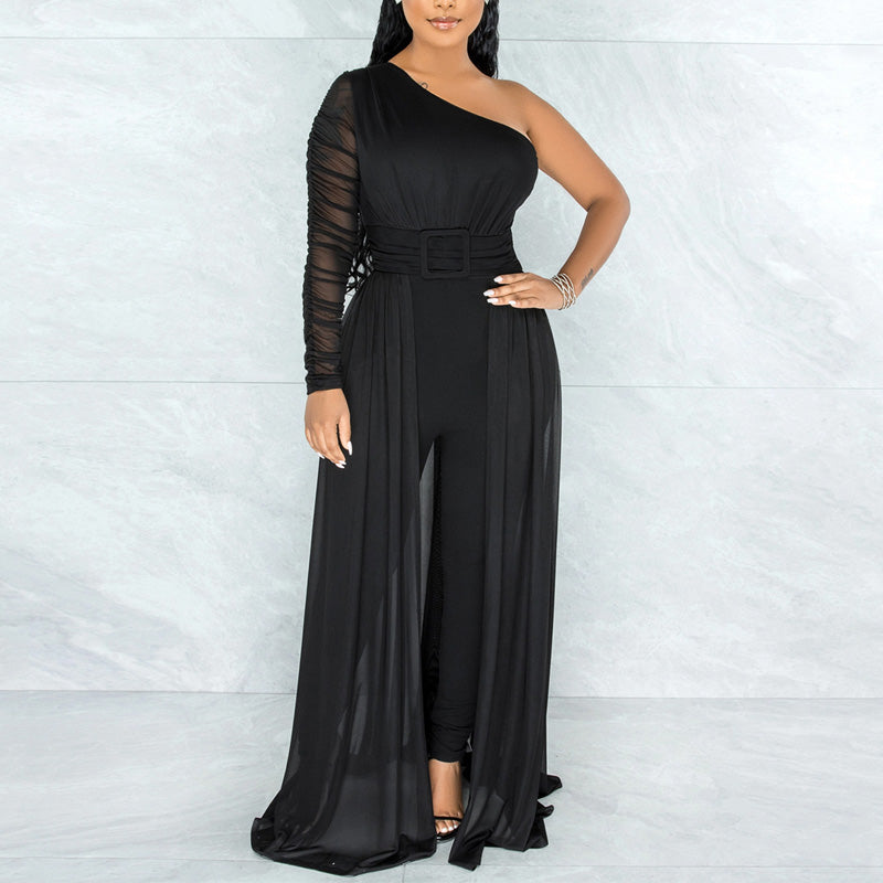 High Neck Long Sleeve Mesh Patchwork Jumpsuit main image 0