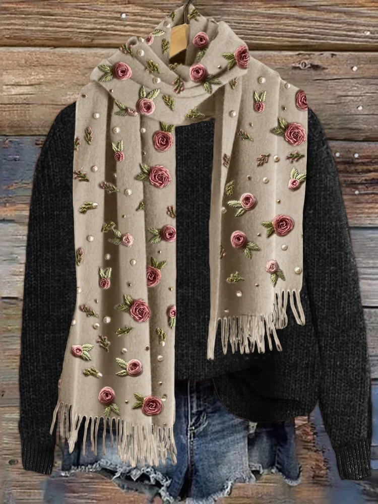Comstylish Classy Roses Pearls Beaded Embroidered Cozy Scarf