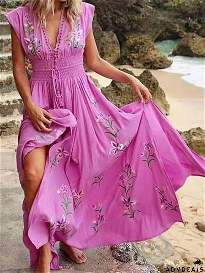 Women's Bohemian V Neck Chiffon Flowy Vacation Dress