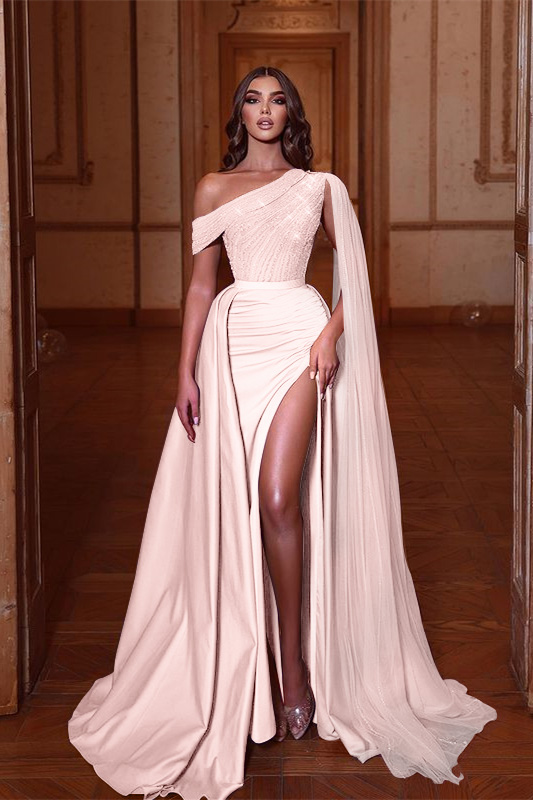 Miabel Lilac One-Shoulder Mermaid Beadings Prom Dress Split With Ruffles