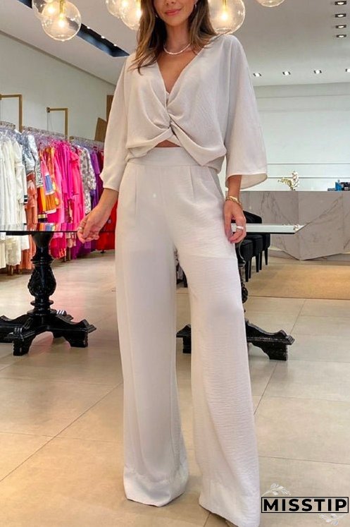 Meridress V Neck Twist Front Pullover Wide Leg Pants 2 Pieces Outfits