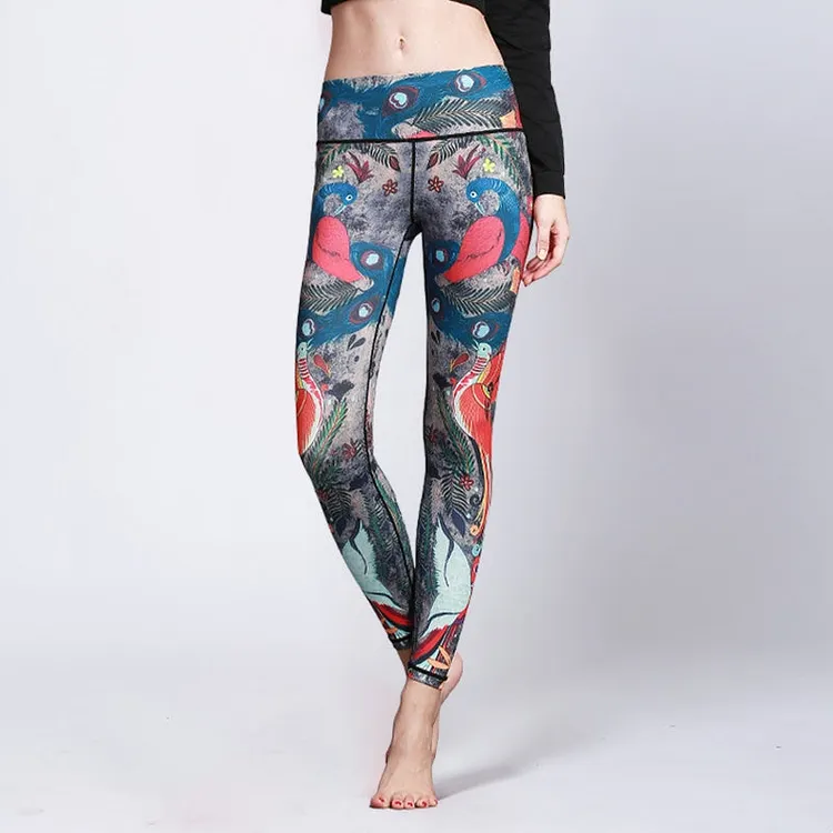 Red Blue Peacock Feather Print Pants Sports Fitness Yoga Leggings Women's Yoga Pants