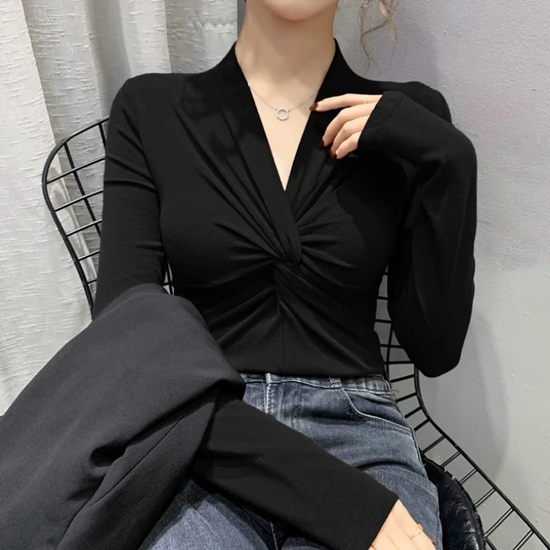 Brownm TWOTWINSTYLE Casual White Twist Front Women's T-shirt V Neck Long Sleeve Korean Fashion Slim T-shirts Female 2021 Autumn Clothes
