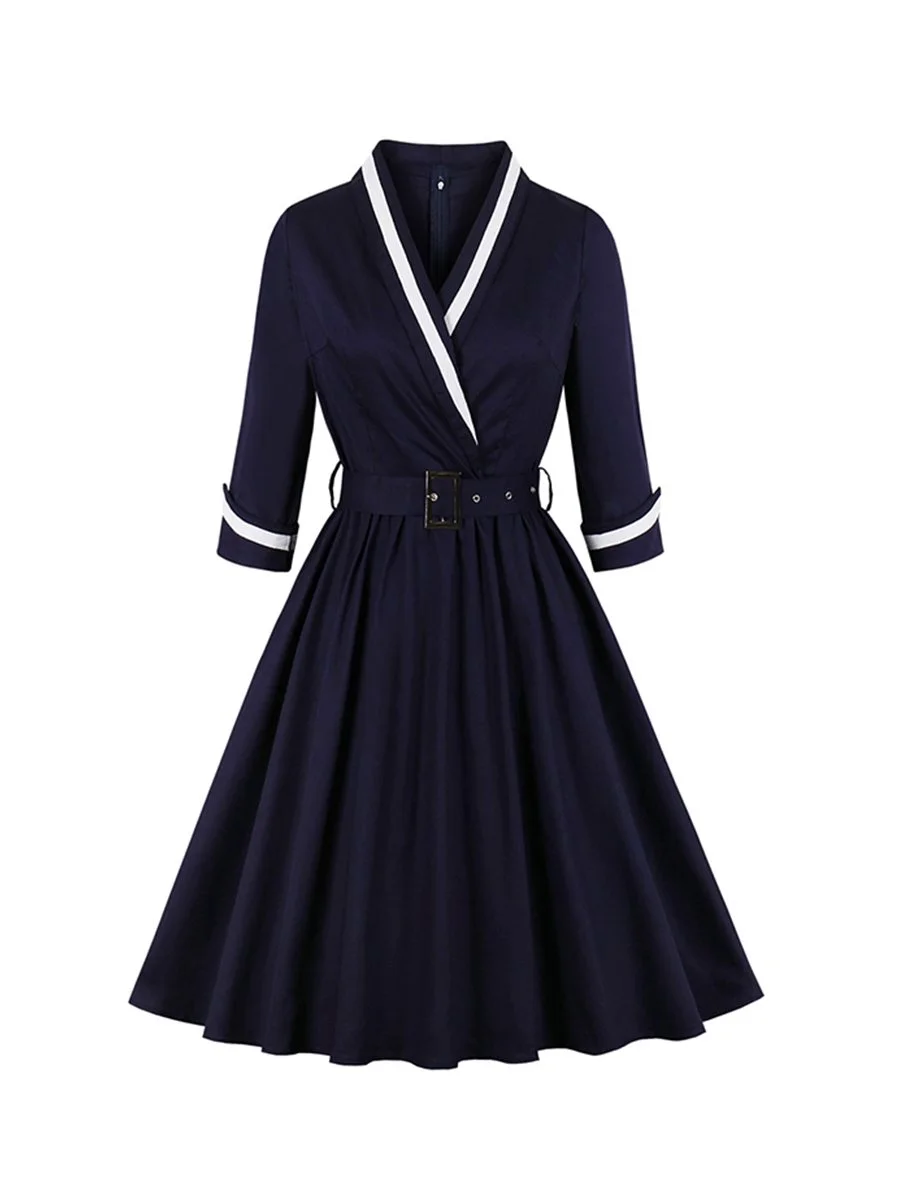 1940s Dress Cross V-neck Slim Swing Dress With Belt