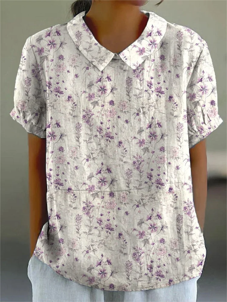 Women's Vintage Floral Art Print Casual Cotton And Linen Shirt