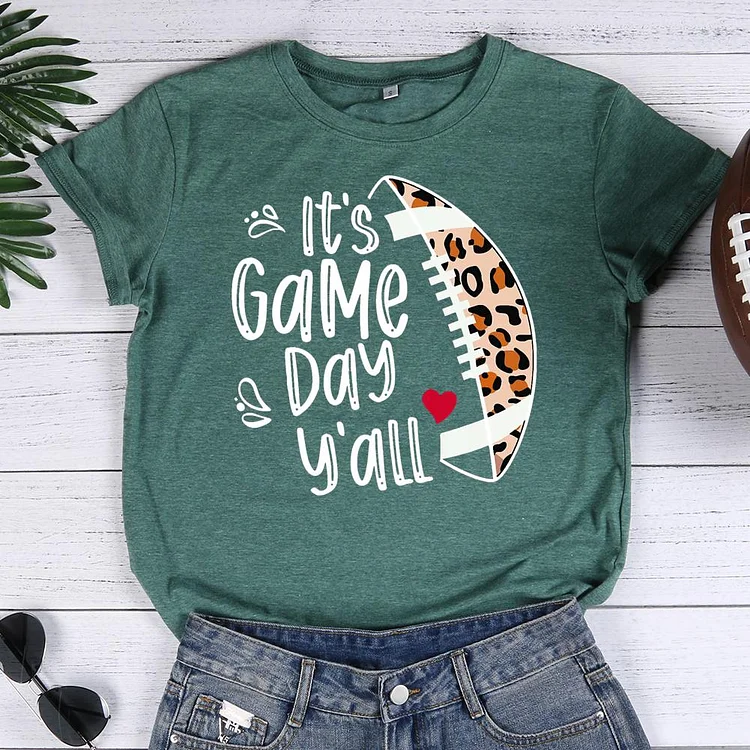Football Game Day Leopard Round Neck T-shirt-Annaletters
