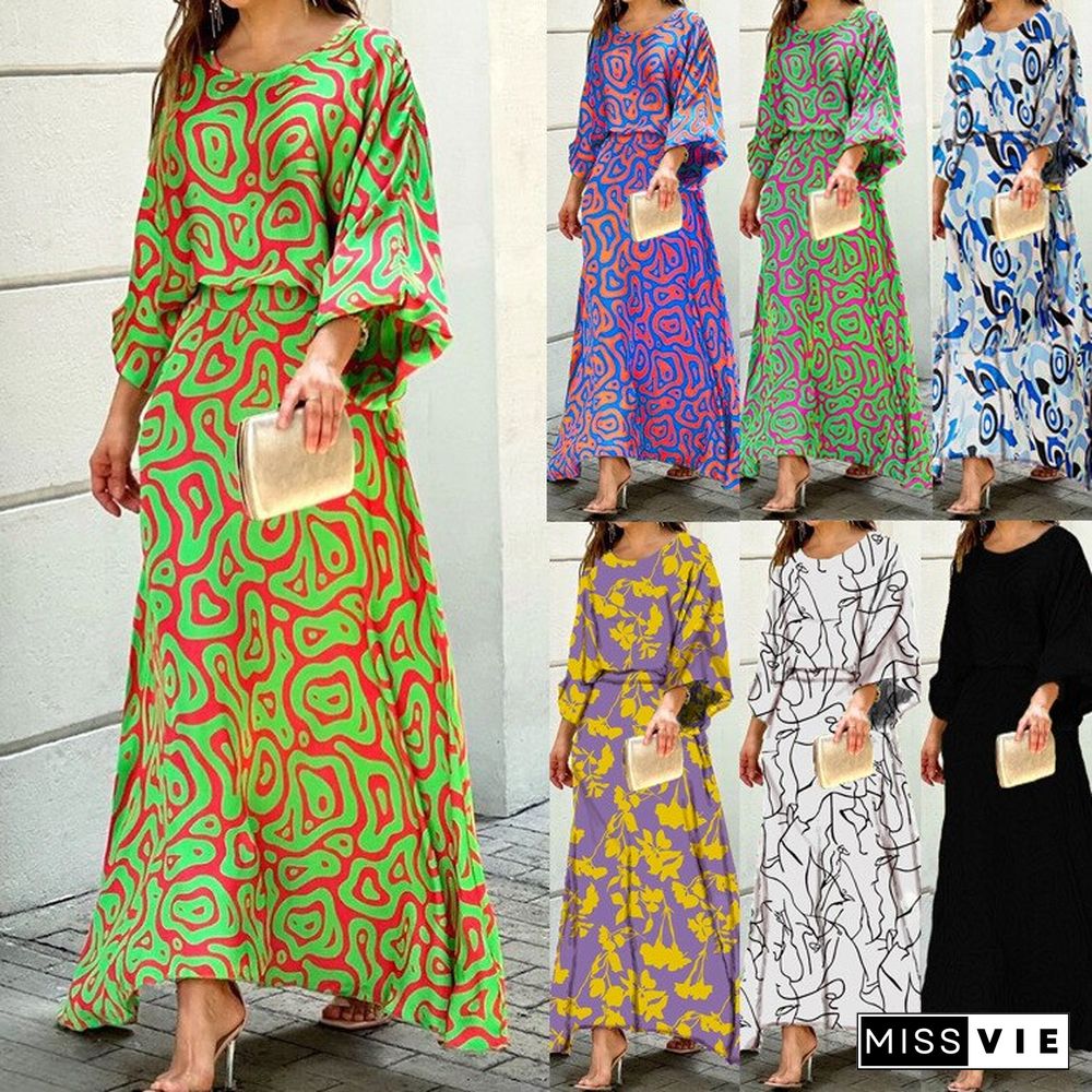 Summer New Loose Printed Maxi Dress Long-sleeved Top High-waisted Half-length Dress Suit Vestidos De Mujer