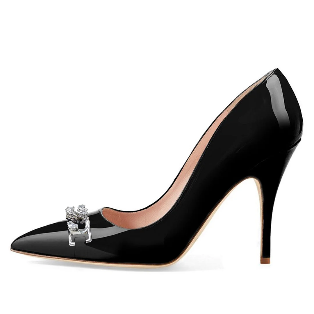 Pointed Toe Stiletto Heel Rhinestone Decor Chain Black Pumps