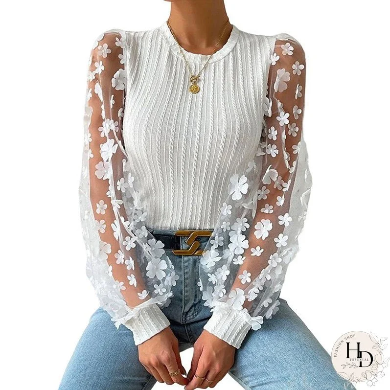Women's Mesh Small Flower Chiffon Shirt, Women's Spring/summer Round Neck Slimming Pullover Long Sleeved Top