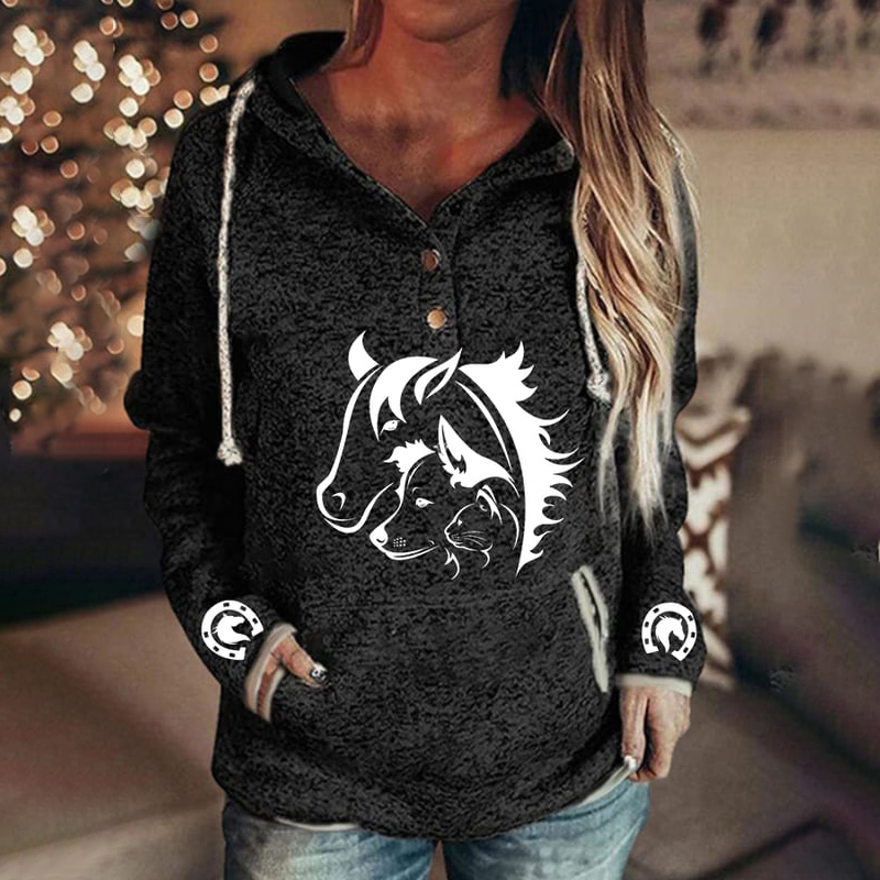 Cat Dog Horse Silhouette Print Casual Hoodie wearshes