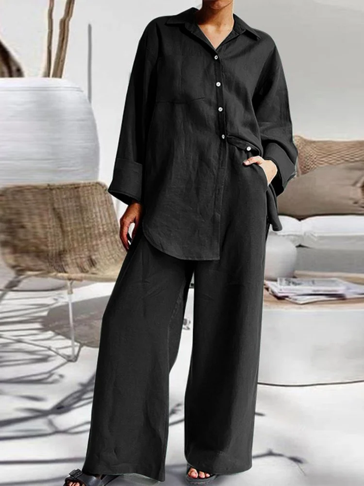 Women's 2024 Casual Daily 2Piece Set Lapel Long Sleeve Casual Top and Wide Leg Pant Cotton Linen