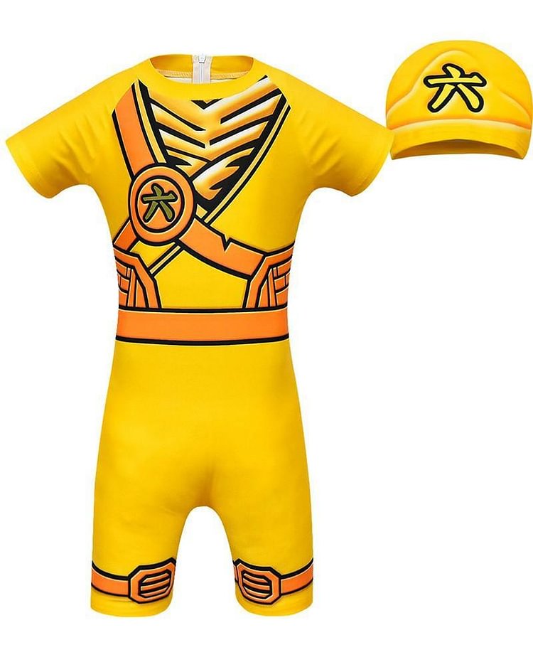 Ninjago Skylor Yellow Ninja Printed Kids One Piece Swimsuit With Hat-Mayoulove