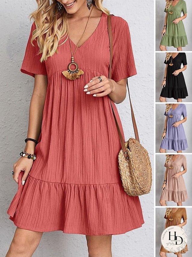 Casual Dress Shift Dress Plain Dress Plain Ruffle V Neck Midi Dress Basic Classic Outdoor Daily Short Sleeve Loose Fit Black Pink Red Spring Summer S M L XL XXL for Women