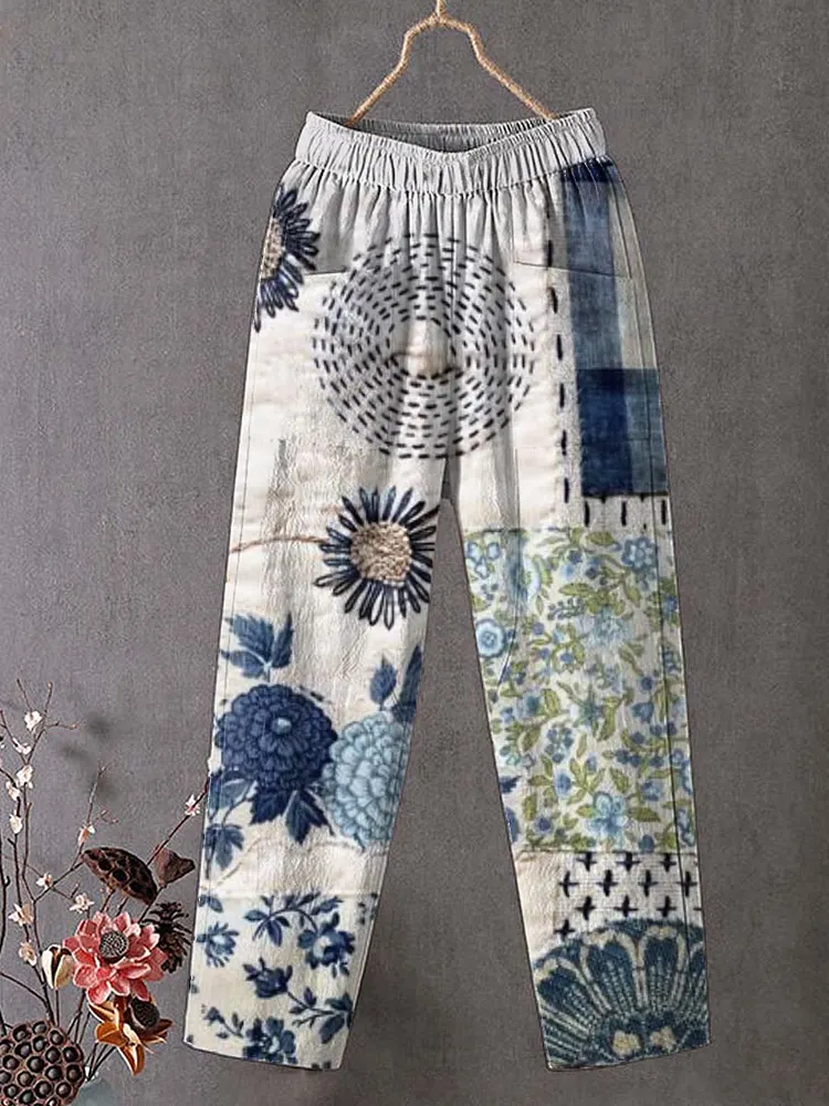 Women's Vintage Floral Art Printed Cotton And Linen Casual Pants