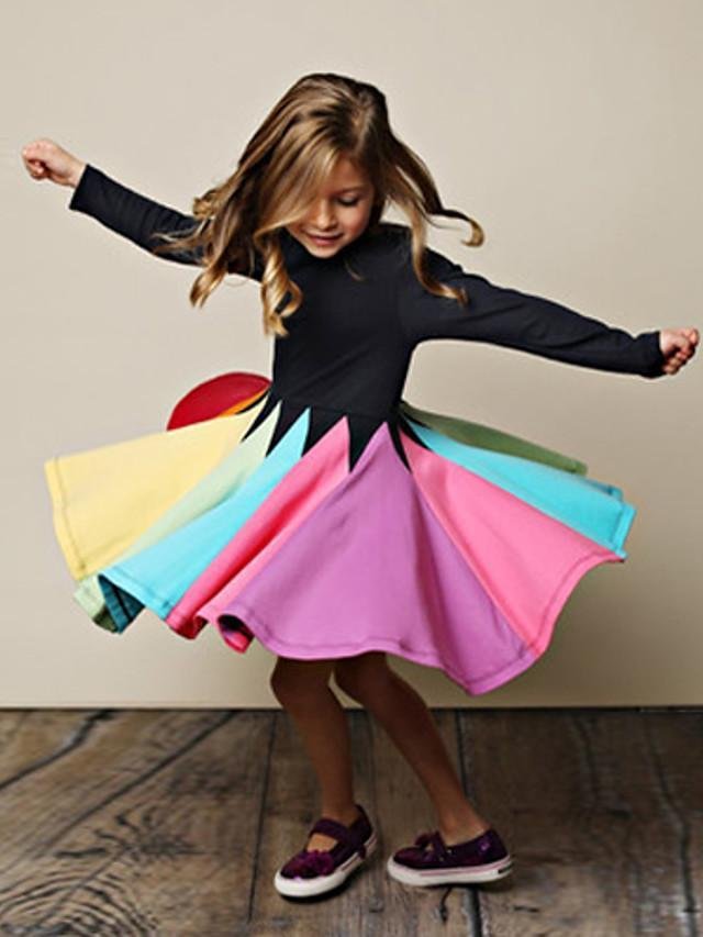 Kids Girls' Cute Striped Floral Long Sleeve Knee-length Dress Black / Cotton - VSMEE