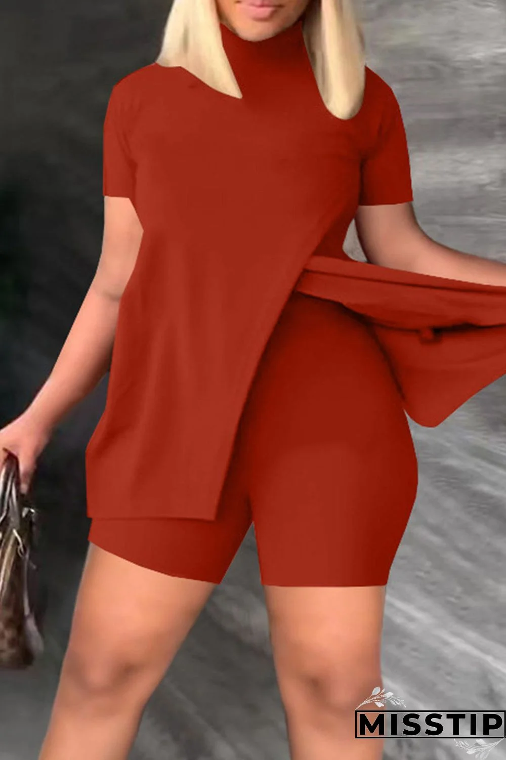 Black Casual Solid Patchwork Half A Turtleneck Short Sleeve Two Pieces