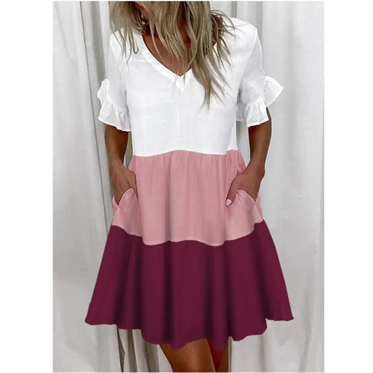 Brownm Regular Sleeve Fashion Short Printed Ruffle Pocket Dress