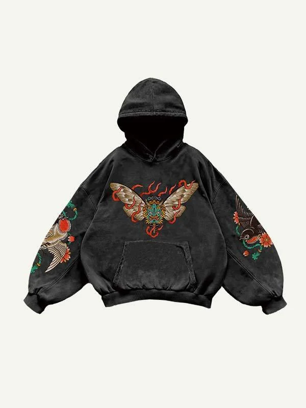 Bird&Floral&Demon Butterfly Print Slant Pockets Hoodie