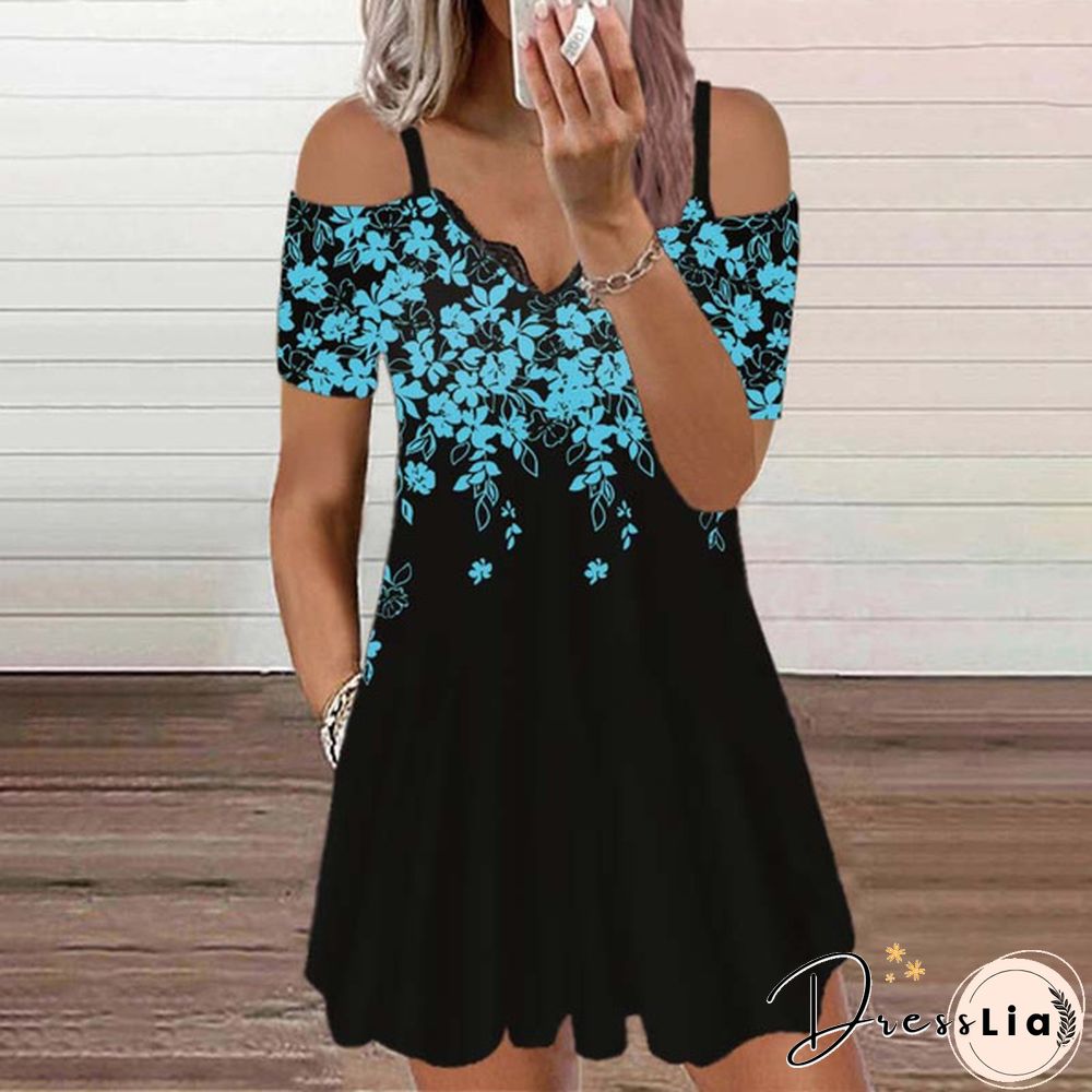 Womens Dress Summer New Fashion Lace V-neck Flower Printed Sexy Casual Short Sleeve