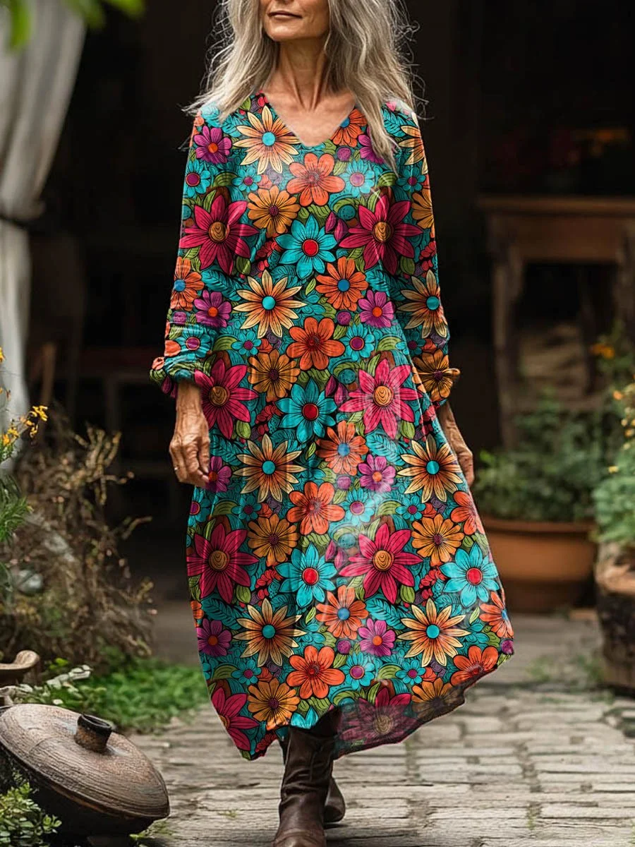 Hippie Style Coloful Floral Pattern Printed Women's Pocket Cotton Dress