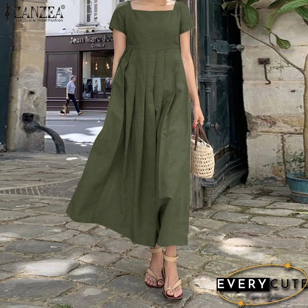 Square Collar Loose Short Sleeve Long Dress Summer Square Collar Solid Color Women Clothing