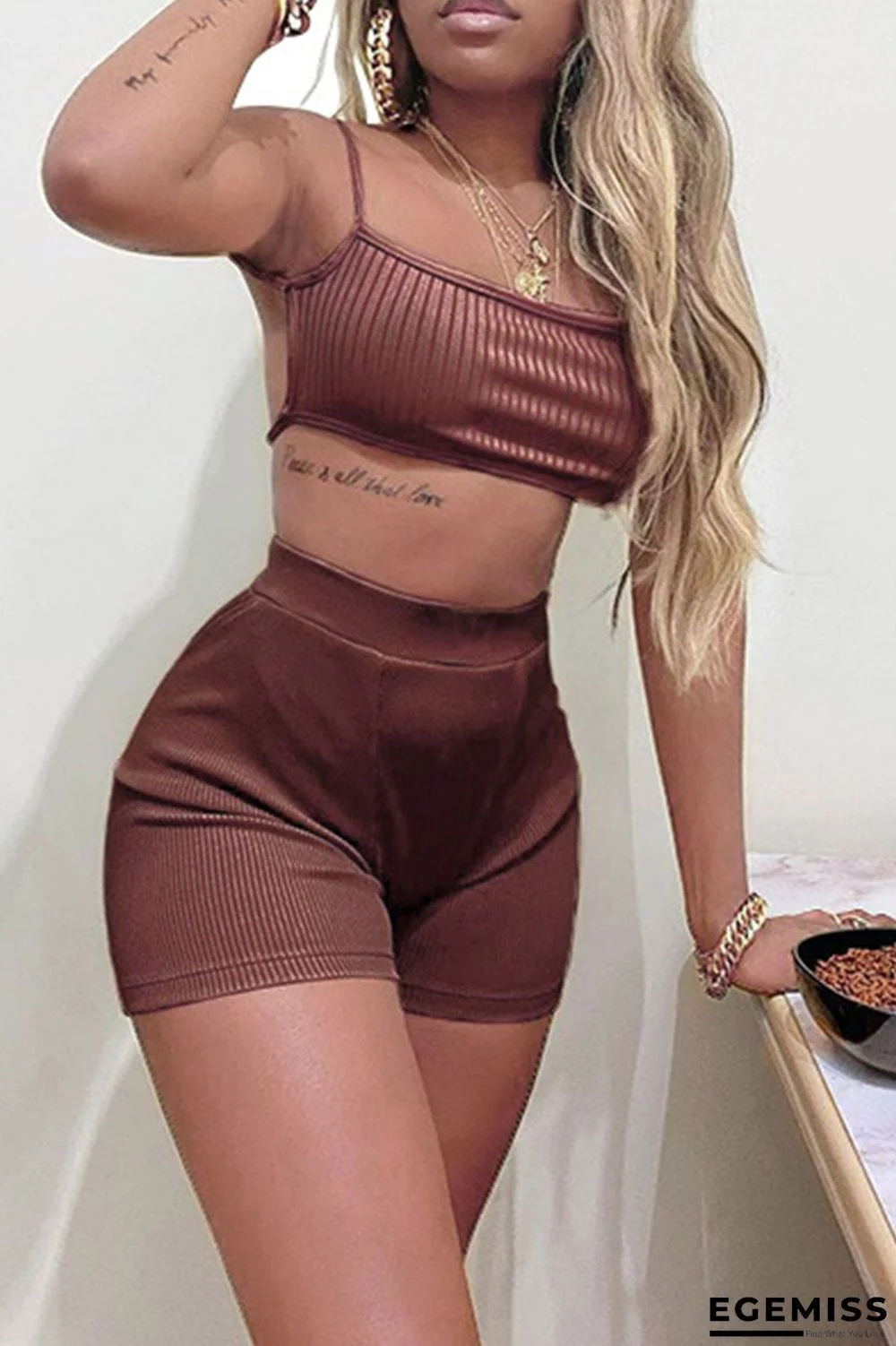 Brown Sexy Casual Print Backless Spaghetti Strap Sleeveless Two Pieces | EGEMISS