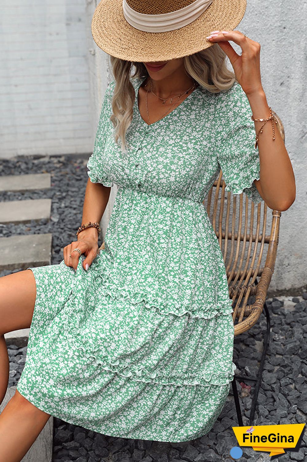 Floral Print Frill V Neck Casual Dress