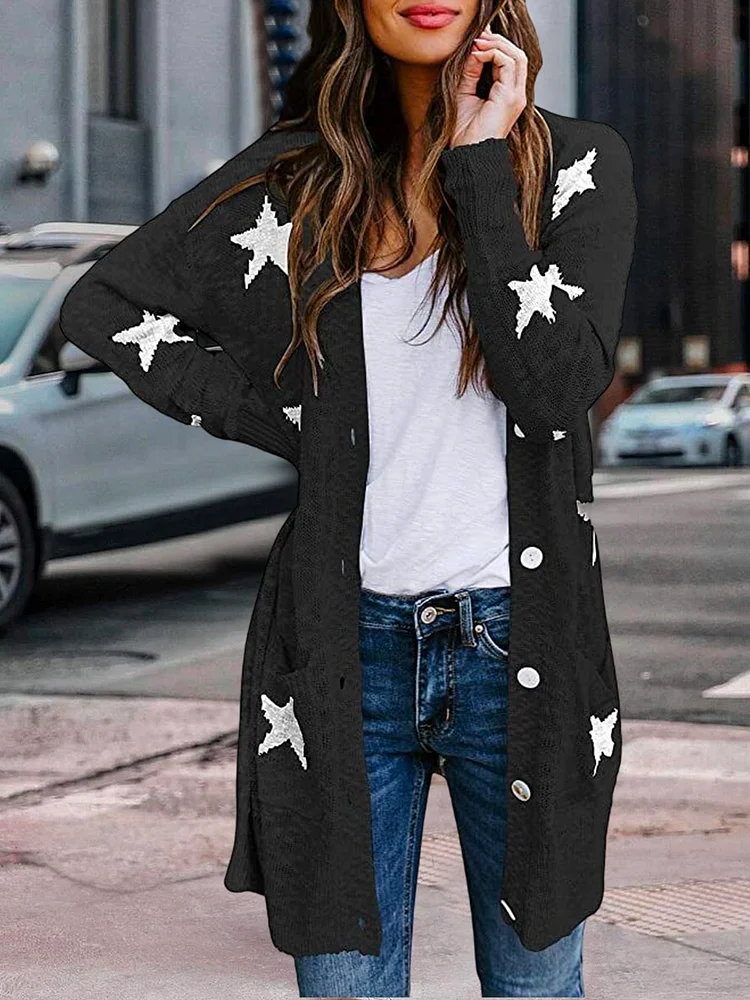 Star Casual Loose Color Block Sweater Coat