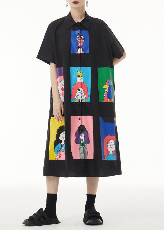 VCSHOES Loose Black Print Button Patchwork Cotton Shirts Long Dresses Summer