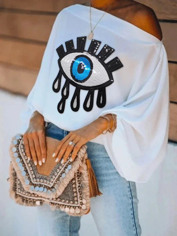 Tlbang Female Fashion Causal Blue Eye Applique Cool Shoulder T-Shirts 2023 New Loose Long Puff Sleeves White Tops For Women