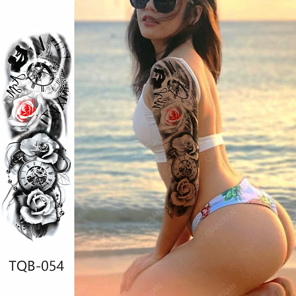 Full Arm Temporary Tattoo Lady Gun Eye Flower Tiger Lion Skull Eagle Women Body Leg Waterproof Sticker Cool Man Totem Sleeve