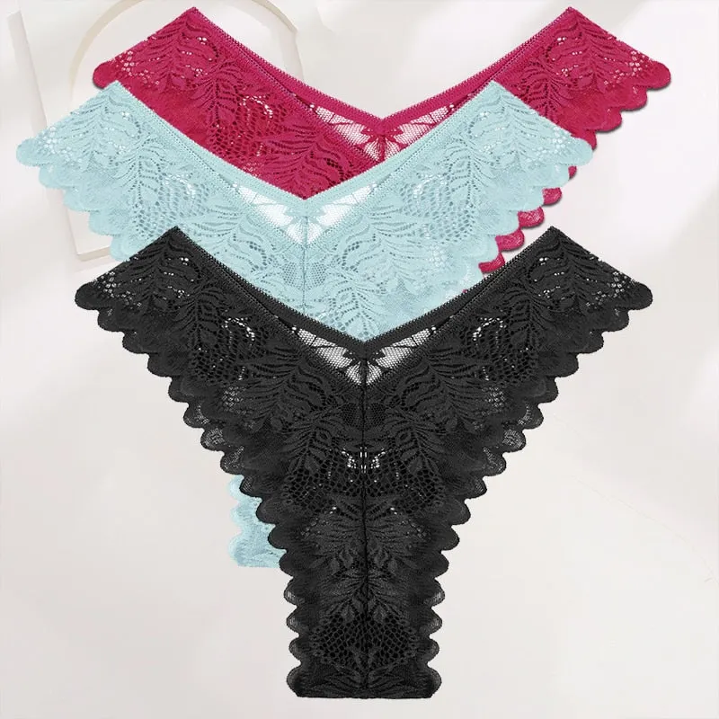 FINETOO 3PCS/Set Lace Gstring Panties Women Sexy M-XL Girls Thongs Perspective Temptation New Pantys Underwear Female Intimates