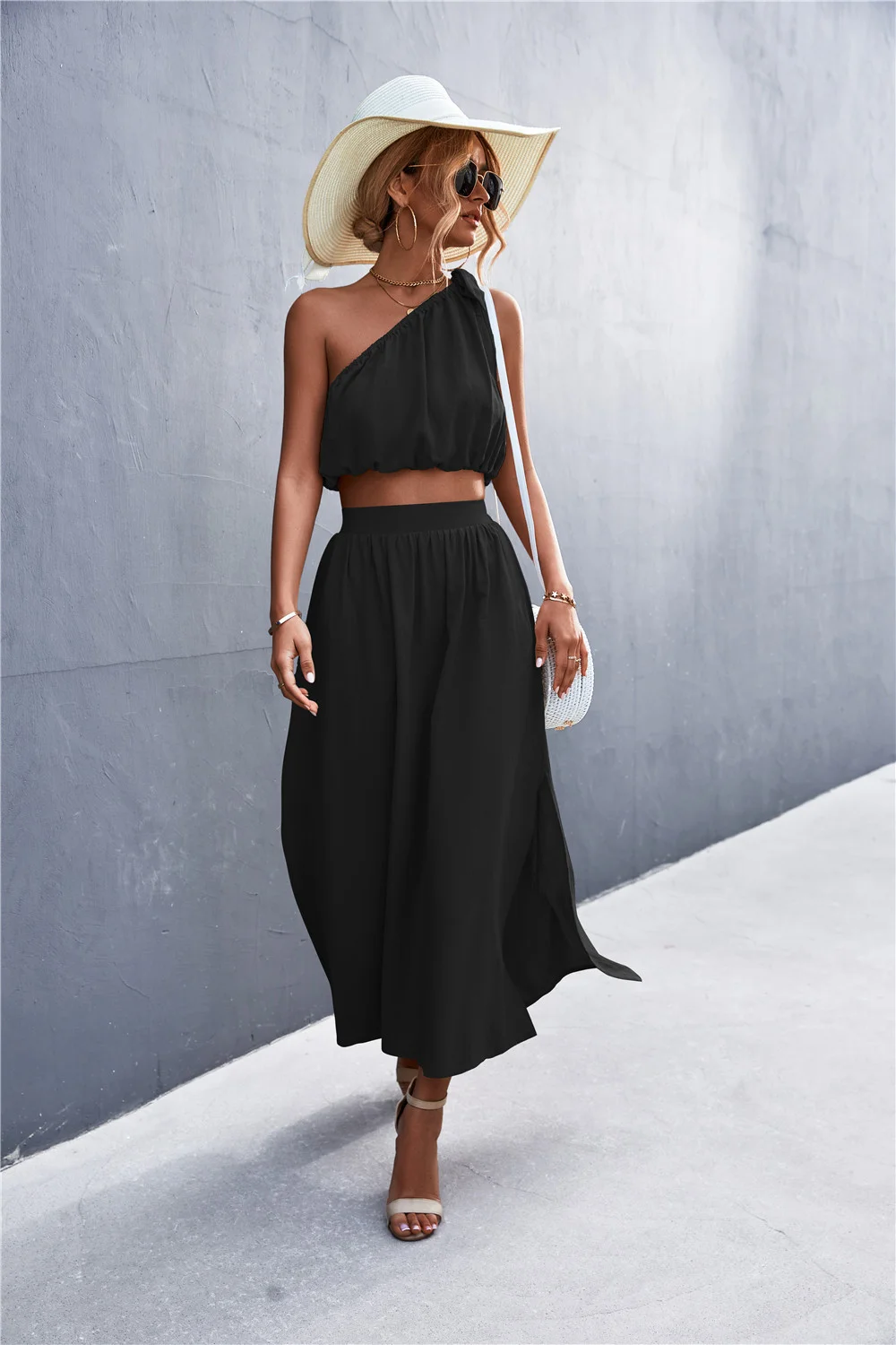 Chic Skew Collar Tie 2-Piece Skirt Suits For Women Summer Sets New Sexy Short Vest + Hem Slit Long Skirt Suit Women