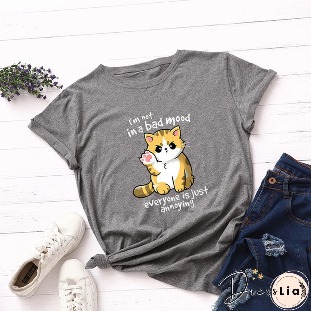 100% Cotton Summer Women TShirt Lovely Cat Letter Print Graphic T Shirt O Neck Short Sleeve Female Tee Shirts Casual Tops