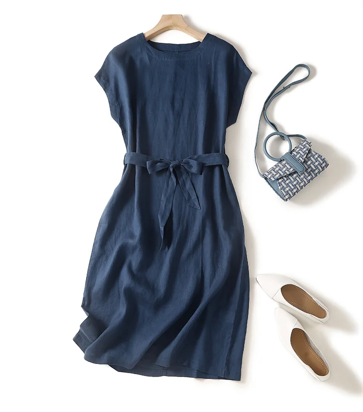 Women's Cotton Linen Vintage Dress Casual Crew-Neck Cap Sleeve Summer Midi Dress