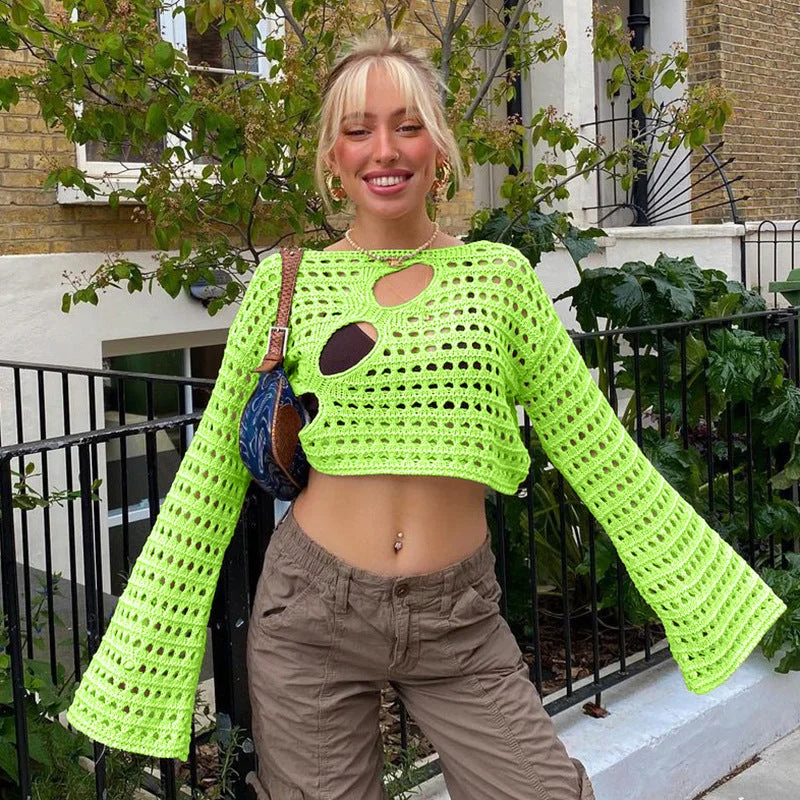 Brownm Neck Summer Girl Fashion Sexy Irregular Ripped Hollow-out Knitted Blouse