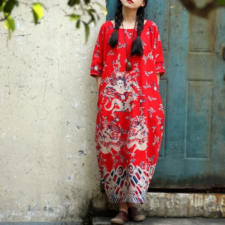Modern prints linen summer quilting dresses Shape red Dress