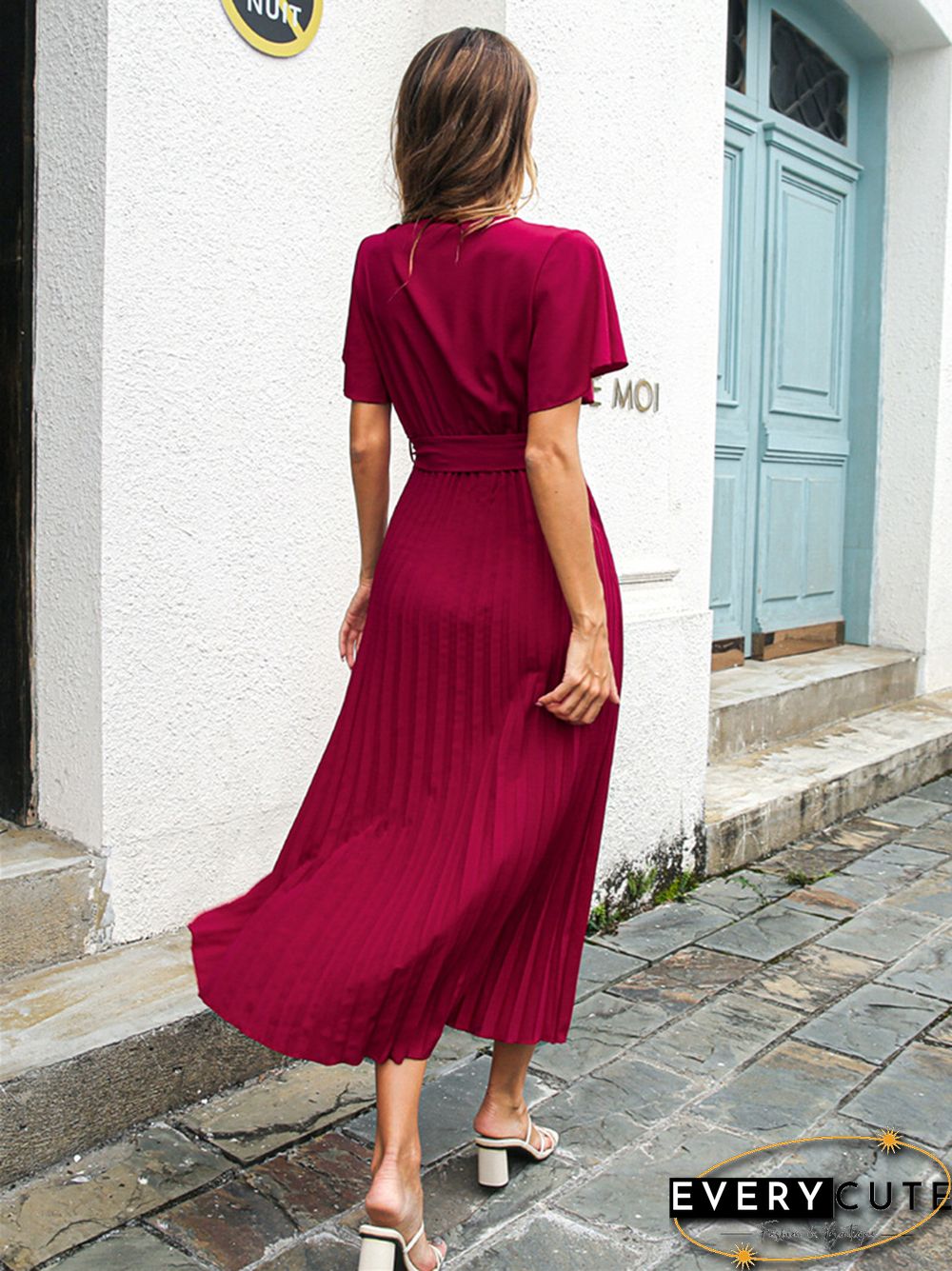 Women Casual Pleated Chiffon DressWith Lotus Leaf Sleeve Strap